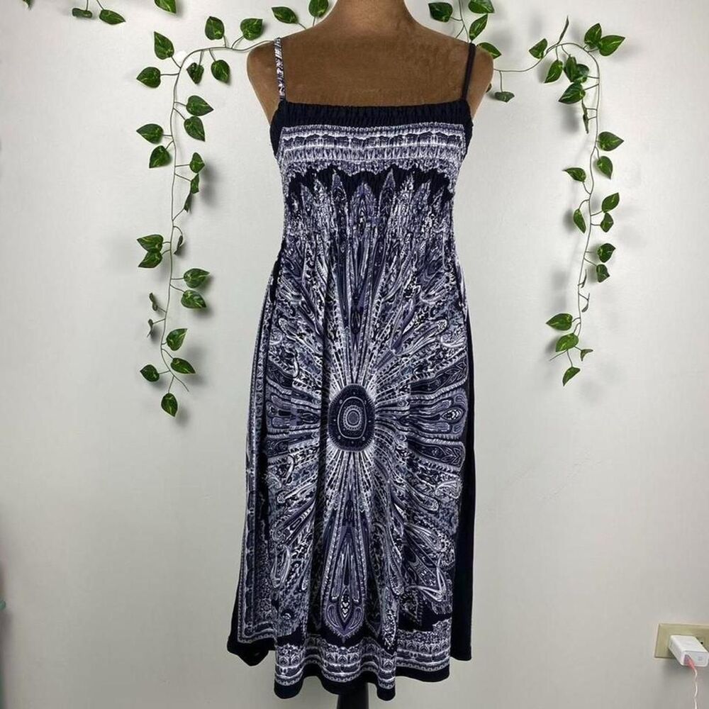 Paisley Y2K black & white smocked midi dress spaghetti straps bandana boho goth